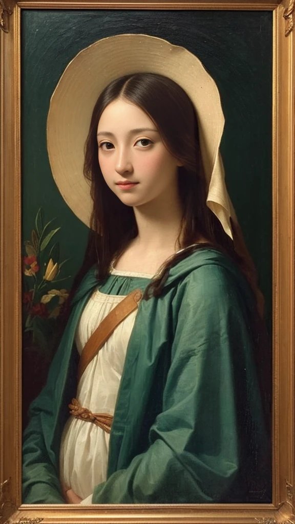 Virgin Mary、Ancient Jews、Beauty、Long face、Sacred、Halo、Wearing a blue cloak over his red clothes、Veil、With arms outstretched、A gentle gaze、Looking down、White Lily、Renaissance religious paintings、Raffaello Santi、Michelangelo、Leonardo da Vinci