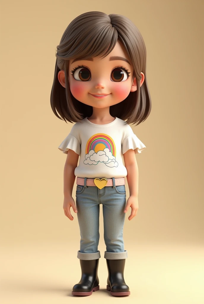 3D image of a 5 year old child full body. Wearing a white blouse with a ruffle only on the sleeve and light jeans with a light pink belt and a gold heart buckle. She has straight light brown hair and brown eyes and her skin is white.. Straight hair parted on the side, shoulder length, loose and with bangs. Small, slanted eyes and he's smiling. black boot. Face is sharp and ear is small