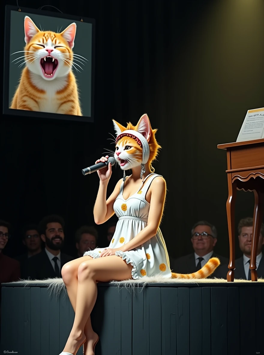 A cute female cat is wearing a cat costume and a one-piece white dress, sitting at the edge of the stage and singing with a microphone.、The cat's forward movement is covered with cat hair、。The small screen in the upper left corner of the screen shows a close-up of a fat cat in the audience, yawning with its mouth wide open.。(((photograph、Realistic)))