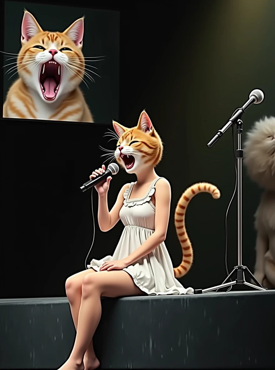 A cute female cat is wearing a one-piece white dress and sitting at the edge of the stage singing with a microphone。In the small screen at the top left of the screen, there is a close-up of the face of another fat cat in the audience, yawning with its mouth wide open.。(((photograph、Realistic)))