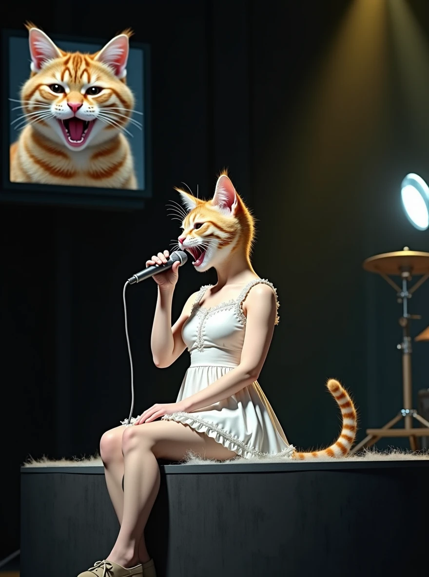 A cute female cat is wearing a cat costume and a one-piece white dress, sitting at the edge of the stage and singing with a microphone.、The cat's forward movement is covered with cat hair、。The small screen in the upper left corner of the screen shows a close-up of a fat cat in the audience, yawning with its mouth wide open.。(((photograph、Realistic)))