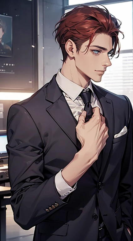 (Highest quality,4K,8K,High resolution,masterpiece:1.2),Super detailed,(Realistic,photoRealistic,photo-Realistic:1.37),1 person,31 years old,Mature Man,Beautiful skin、Profile、very handsome,Expressionless,smile,Short gray red hair,blue eyes,Sharp Eyes,A perfect face without a doubt,Businessman,Office Background,Cinema Lighting,HDR image,tie.