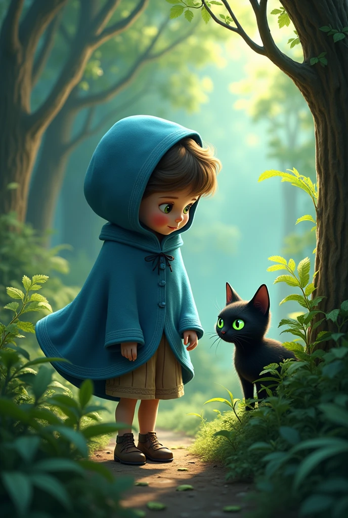 Black cat with green eyes walking with teenage girl in blue cape on dark forest path