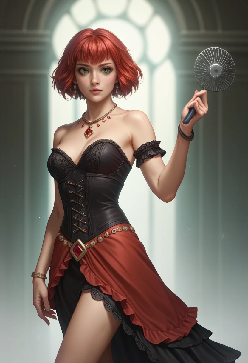 ffxi, lilisette, short red hair, green eyes, black lace, red frills, asymmetrical skirt, dancer's bangles, curing waltz, fan dance, more real, realism