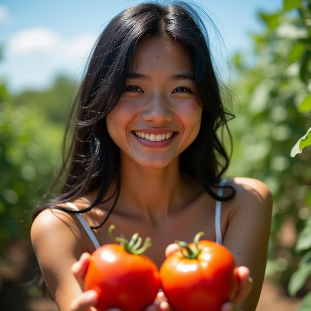 super masterpiece, Most detailed, Highest quality, In 8K, Perfect appearance, Woman growing tomatoes in the garden, 17 years old, Beautiful Face, Shining Eyes, Shiny black hair, Laughter, blue sky, Ripe tomatoes,  Cowboy Shot,