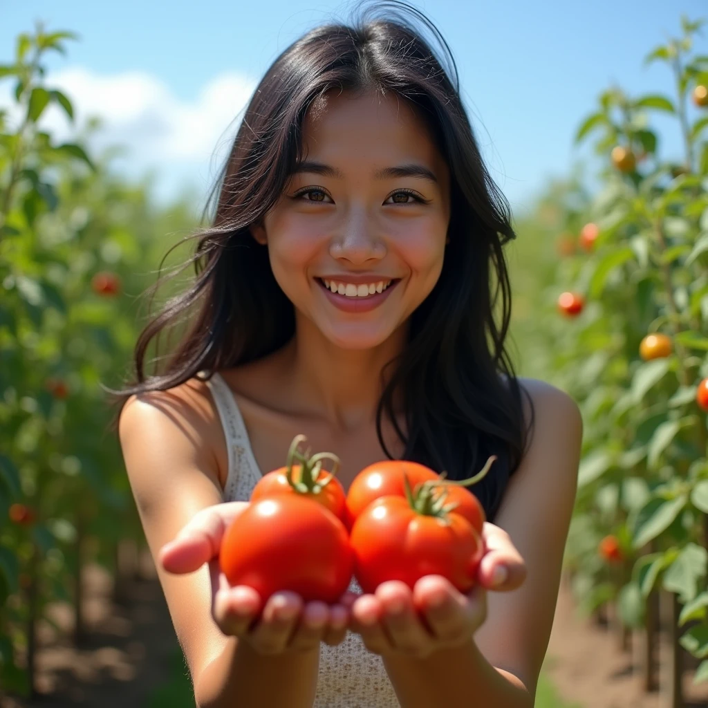 super masterpiece, Most detailed, Highest quality, In 8K, Perfect appearance, Woman growing tomatoes in the garden, , Beautiful Face, Shining Eyes, Shiny black hair, Laughter, blue sky, Ripe tomatoes,  Cowboy Shot,