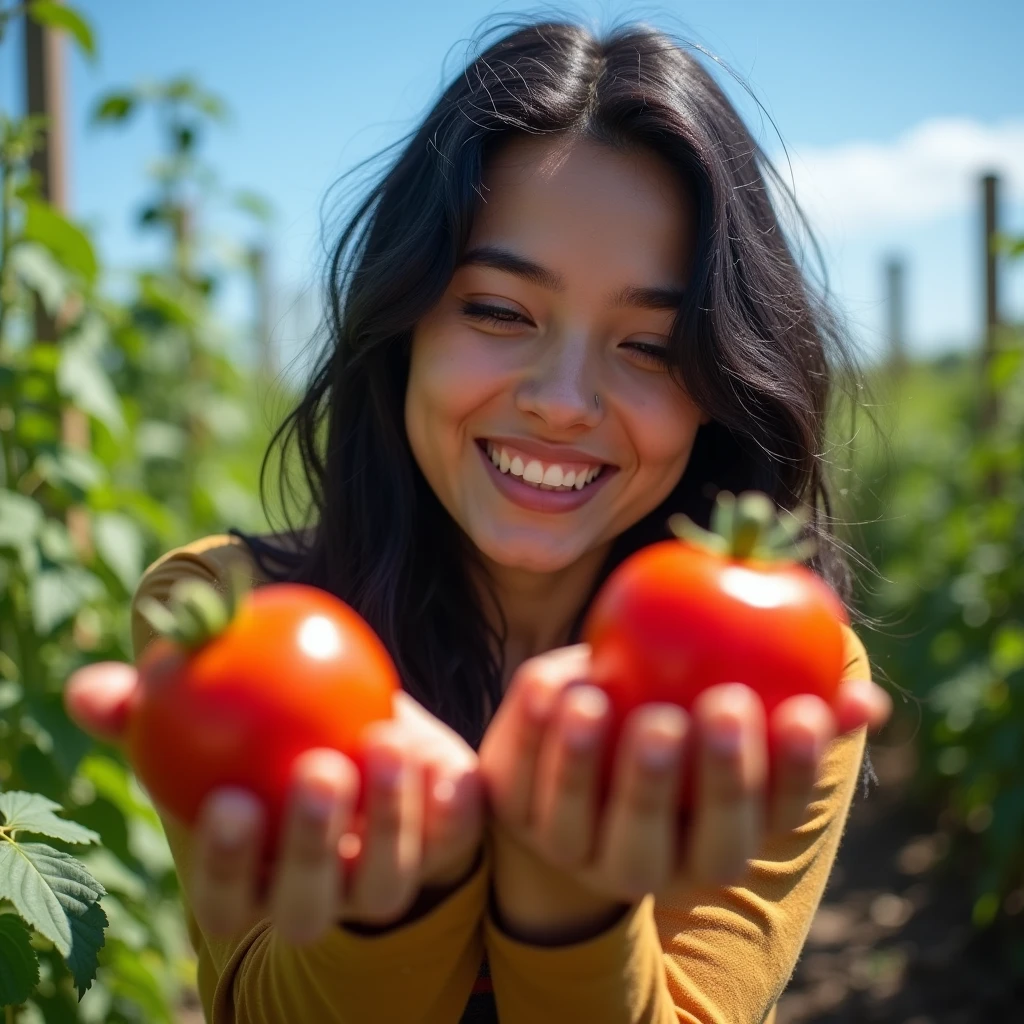 super masterpiece, Most detailed, Highest quality, In 8K, Perfect appearance, Woman growing tomatoes in the garden, , Beautiful Face, Shining Eyes, Shiny black hair, Laughter, blue sky, Ripe tomatoes, Cowboy Shot,