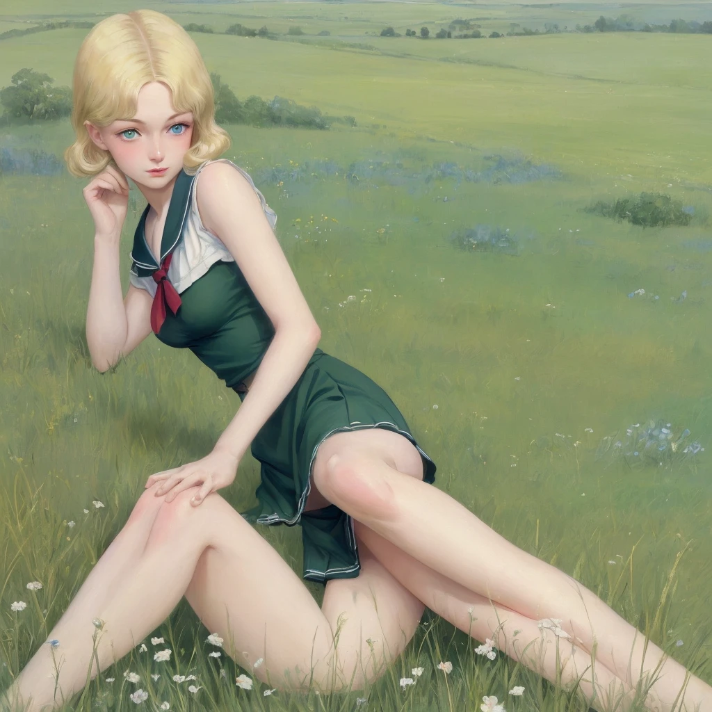Many girls,group blonde, Green eyes, 1930s European style, high quality, full-body shot, , Big breasts, long legs beauty legs, Sailor Suit, Short top and short skirt lying on the grassland, blue sky , delicate eyes, Delicate lips, Extremely detailed face, long eyelashes, elegant, beautiful, beauty, charming, Exquisite, Realism, 8k, best quality, masterpiece, Endless grassland，shy look 