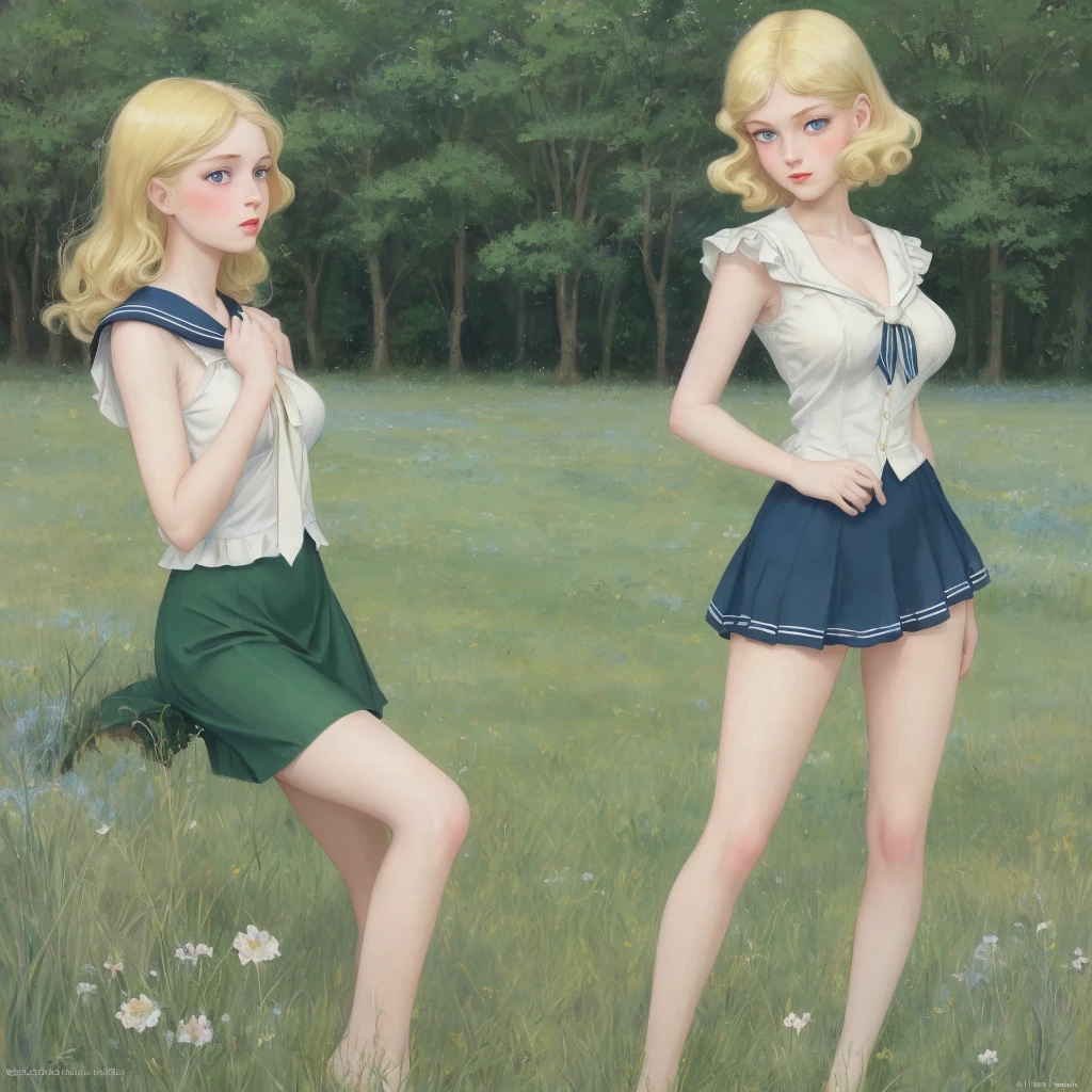 Many girls,group blonde, Green eyes, 1930s European style, high quality, full-body shot, 17 years old, Big breasts, long legs beauty legs, Sailor Suit, Short top and short skirt lying on the grassland, blue sky , delicate eyes, Delicate lips, Extremely detailed face, long eyelashes, elegant, beautiful, beauty, charming, Exquisite, Realism, 8k, best quality, masterpiece, Endless grassland，shy look 