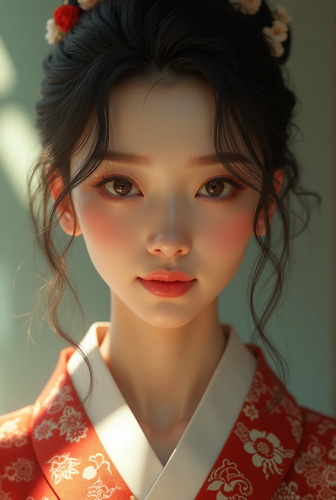 An elegantly dressed Japanese woman in natural light、A close-up of her chest and calm expression.、It shows her inner peace and outer charm.。