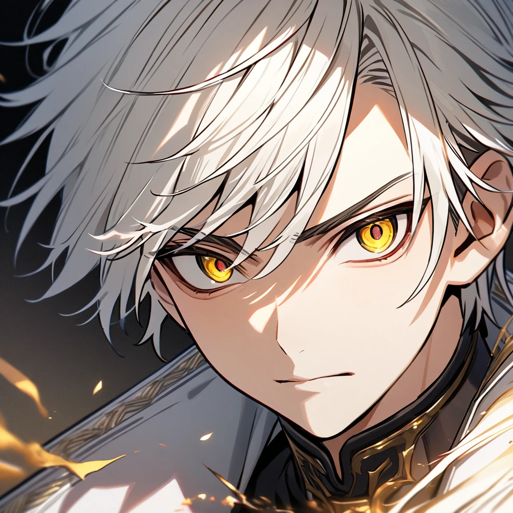 High quality, HD, 4k, no shadows, handsome male, 1male, 17 years old, teenager, short white hair, silver hair, white hair, sharp eyes, dark golden colored eyes, deep golden eyes, dark gold eyes, gold eyes, devil may cry, close up, calm expression