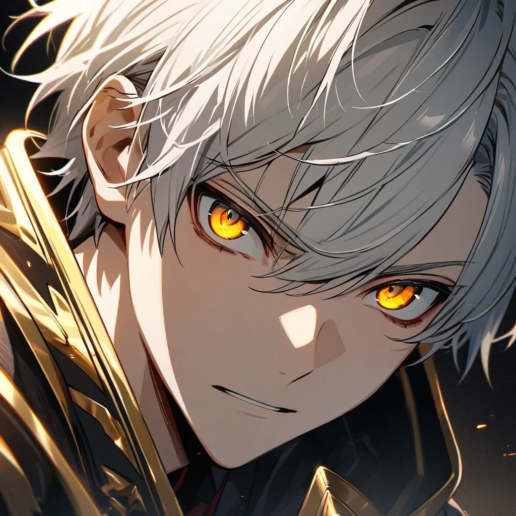 High quality, HD, 4k, no shadows, handsome male, 1male, 17 years old, teenager, short white hair, silver hair, white hair, sharp eyes, dark golden colored eyes, deep golden eyes, dark gold eyes, gold eyes, devil may cry, close up, calm expression