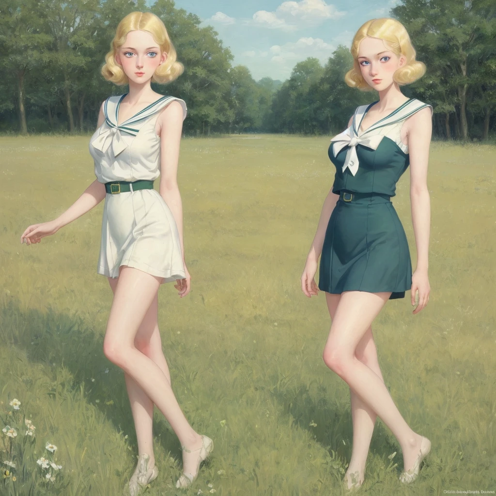 Many girls,group blonde, Green eyes, 1930s European style, high quality, full-body shot, s old, Big breasts, long legs beauty legs, Sailor Suit, Short top and short skirt lying on the grassland, blue sky , delicate eyes, Delicate lips, Extremely detailed face, long eyelashes, elegant, beautiful, beauty, charming, Exquisite, Realism, 8k, best quality, masterpiece, Endless grassland,shy look