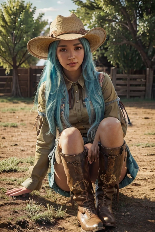 1 girl, hatsune miku, cowgirl, beautiful detailed eyes, beautiful detailed lips, extremely detailed eyes and face, long eyelashes, cowboy hat, cowboy boots, dynamic pose, outdoor field, golden hour lighting, cinematic lighting, vibrant colors, warm color palette, fantasy, digital painting, highly detailed, photorealistic, 8k, best quality, masterpiece
