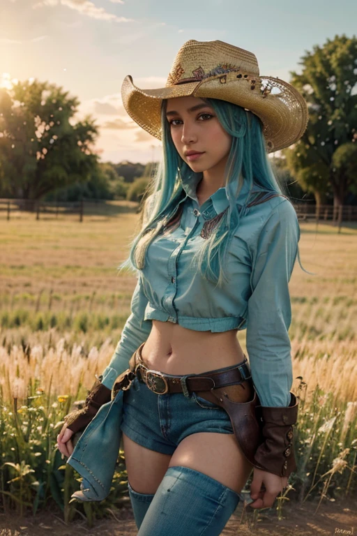 1 girl, hatsune miku, cowgirl, beautiful detailed eyes, beautiful detailed lips, extremely detailed eyes and face, long eyelashes, cowboy hat, cowboy boots, dynamic pose, outdoor field, golden hour lighting, cinematic lighting, vibrant colors, warm color palette, fantasy, digital painting, highly detailed, photorealistic, 8k, best quality, masterpiece