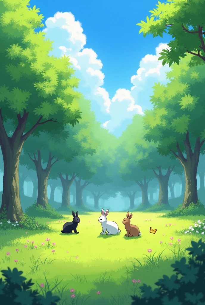 park, peaceful, anime style, lush green lawn, tall leafy trees, sunlight filtering through leaves, small patch of flowers, three little white, brown and black rabbits playing, butterflies, wild flowers, clear blue sky, fluffy white clouds, ultra-sharp, very-detailed.