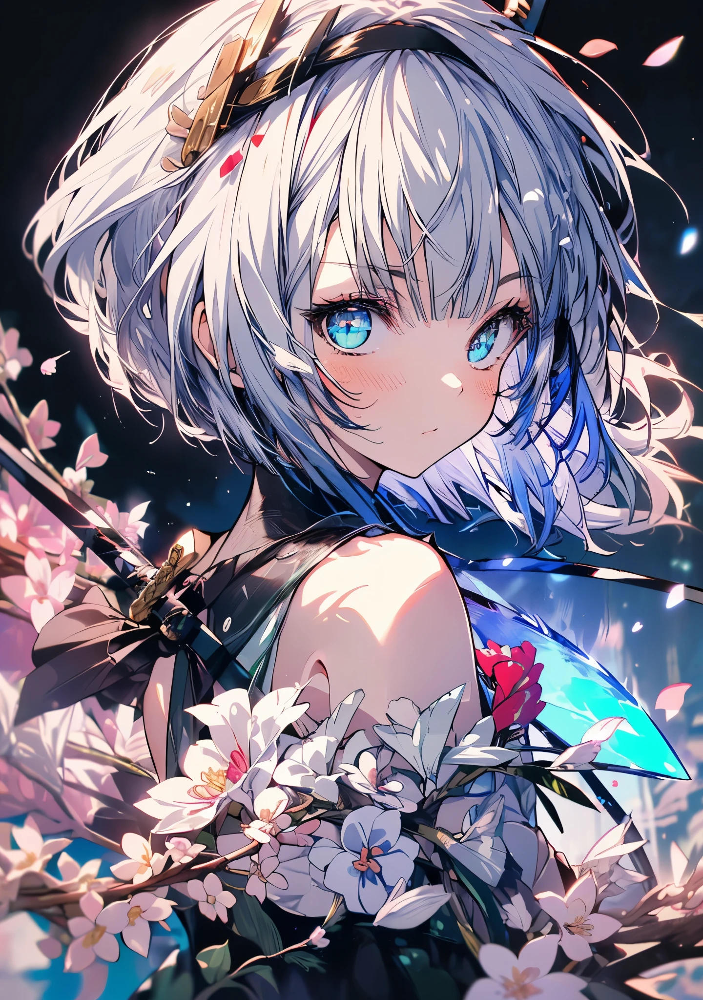 ((((Awakening)))),(((Highest quality))),((((Aura overflowing)))),(shape),(Dynamic Angle), ((Oriental Project)),((Disheveled Hair)), (((A slim body))),(((Use your sword skills))), ((girl wearing black tights)), (((View from the front))),((Beautifully detailed body)),((Shoulders are exposed)),(((Mysterious and sparkling blue eyes)))Gray Hair,((long hair with stripes)), Beautiful attention to detail,(Gradient color eyes),(((Delicate eyes))), (((background))),(((High saturation))),(((konpaku youmu))),(((In front of the cherry blossoms at night))