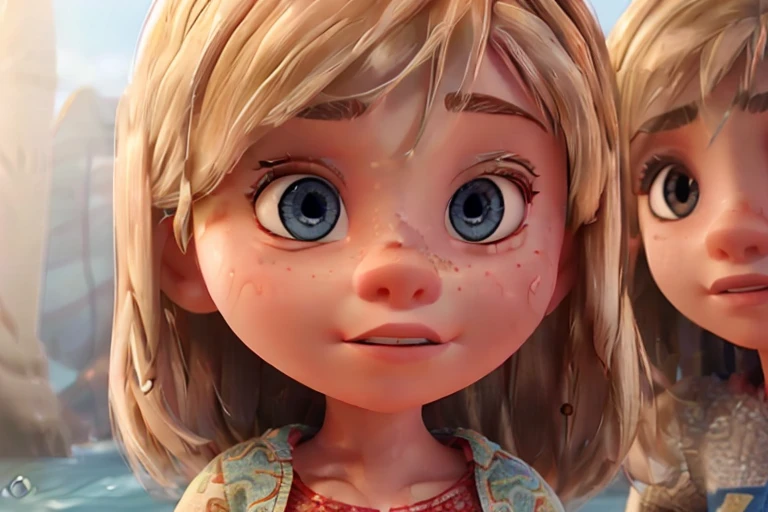 (beautiful detailed eyes,beautiful detailed lips,extremely detailed eyes and face,longeyelashes),(1girl:1.3),Riley Andersen from Inside Out, young female, beach, one-piece swimsuit, full body, intricate detailed facial features, photorealistic, highly detailed, cinematic lighting, vivid colors, volumetric fog, golden hour, realistic ocean waves, colorful tropical plants, warm summer atmosphere