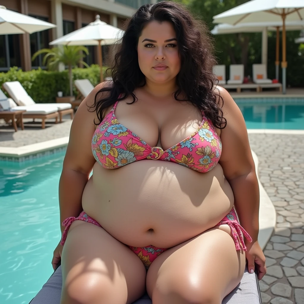A woman is 150kg obese with a lot of belly fat, like Tess Holliday, she is a plus size model with a beautiful face, she is wearing a colorful bikini swimsuit and has a big belly, she is an obese American female sumo wrestler with a very large belly, her belly is bulging and covered with a lot of fat, she has a nice saggy belly and a tattoo around her navel, she is sitting on a deck chair by the pool in a luxury hotel, 4K quality, low angle