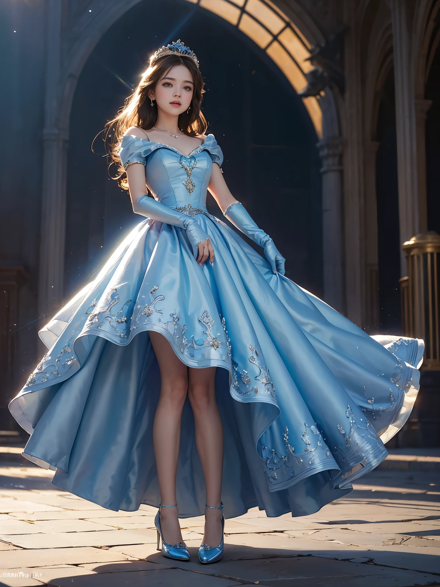best quality, masterpiece, 1 girl, Disney's Cinderella, long hair, A huge laugh, cute teen, shiny lips, sweet, sun glare, Conservative attire, Blue dress, Blue shoes, Blue gloves, Bridal Tiara, depth of field, blurred background, Ballroom background, light particles, strong wind, head tilt