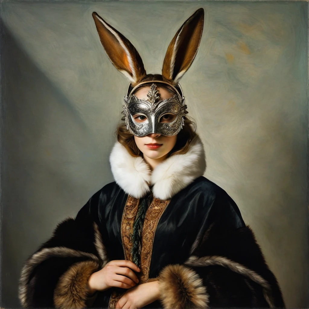 The portrait of a young woman dressed in furs and a bird mask and rabbit ears, with an oil technique, very similar to the Venetian technique or Pablo Rubens.