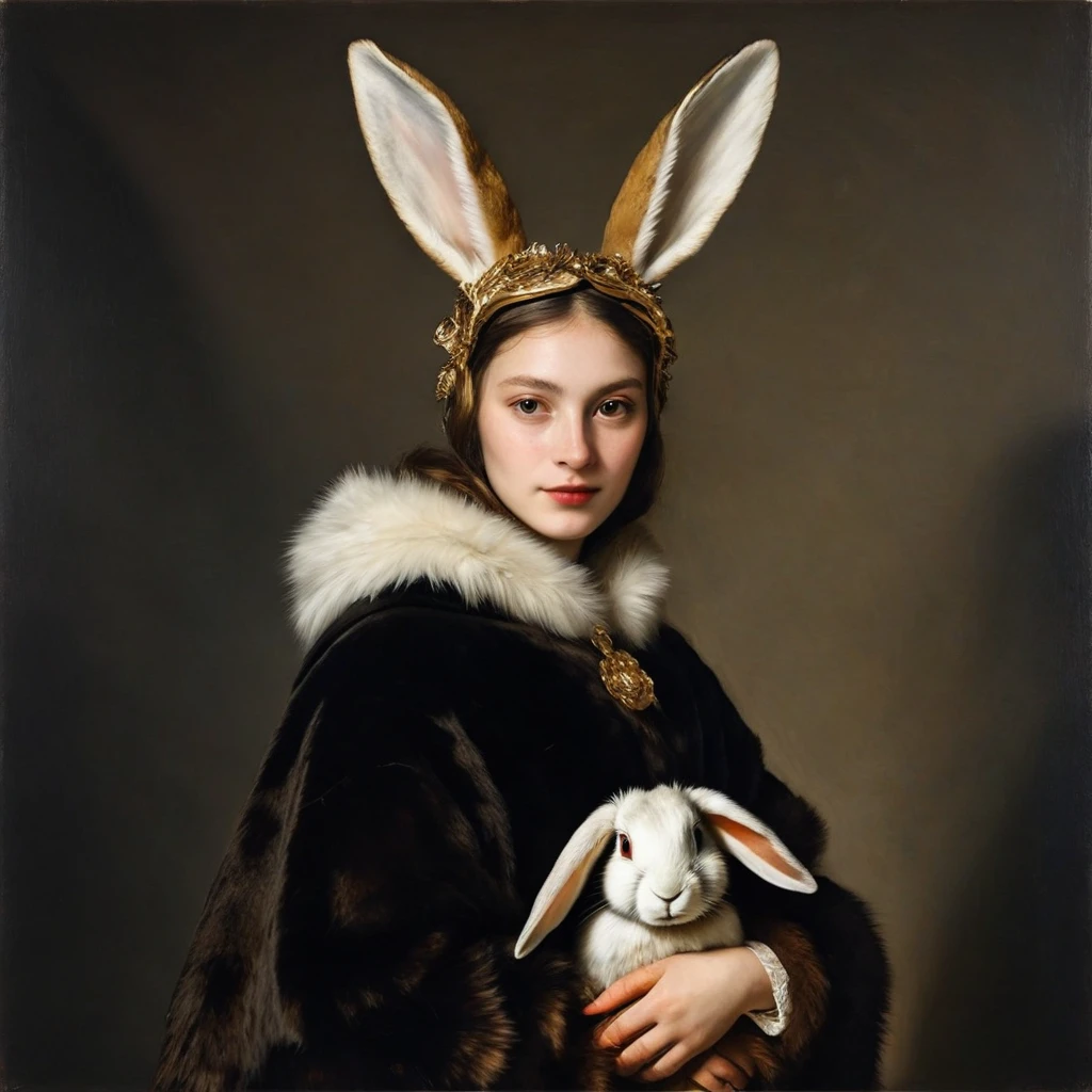 Baroque aesthetics, Integrate surreal elements, a play of light and shadow to enhance the melancholic atmosphere, Use nuanced lighting, emotional depth and mystery within the composition, Emulate the intricate and detailed style of Nicola Samori, infusing the artwork with very subtle distortions and surreal anatomical abnormalities. Strive for a delicate balance between the elegance of Baroque opulence and the surreal beauty, Utilize a somber color palette characterized by muted tones and desaturated hues to convey a pervasive sense of melancholy, one person, a half human half bunny form