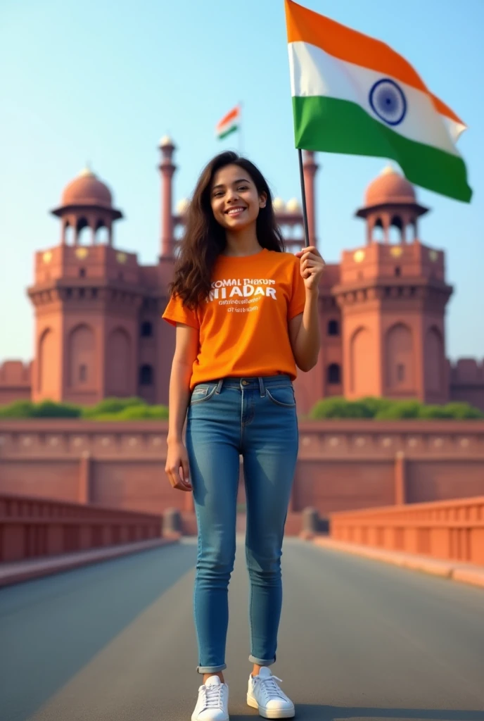 Generate a Realistic 15 years old girl , Wearing White T shirt blue jeans sneakers and the name "sadiya " is written on his t-shirt and the boy is standing on the road with holding a national flag of India, and behind him is the Red Fort Delhi. And written on sky "Independence Day" Create Realistic image high quality