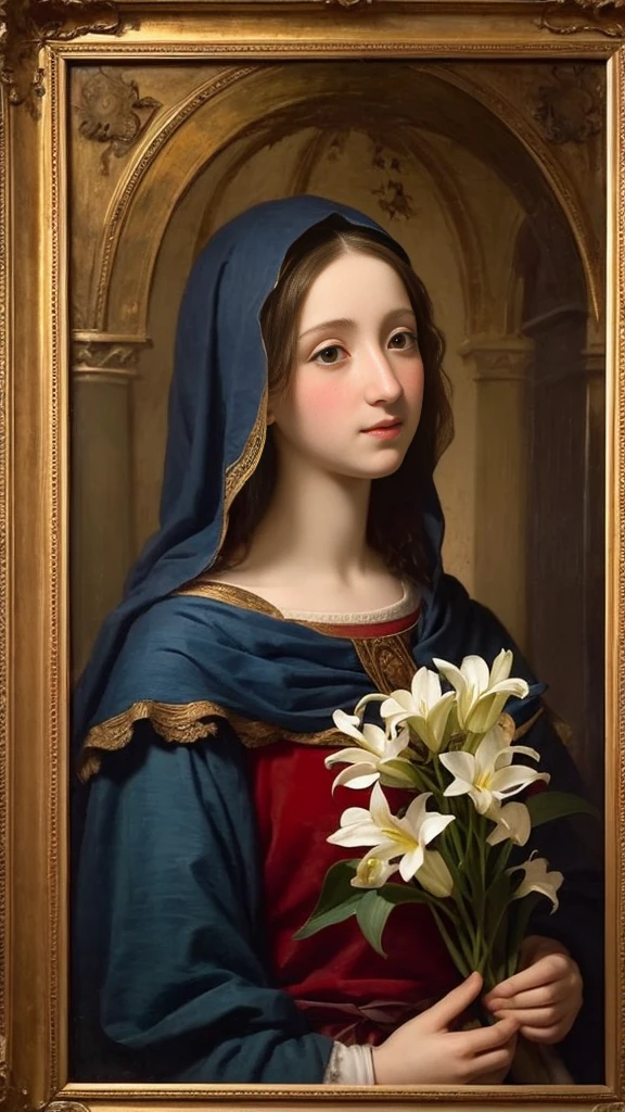 Virgin Mary、Ancient Jews、Beauty、Long face、Sacred、Wearing a blue cloak over his red clothes、Veil、With arms outstretched、A gentle gaze、Looking down、White Lily、Renaissance religious paintings、Raffaello Santi、Michelangelo、Leonardo da Vinci