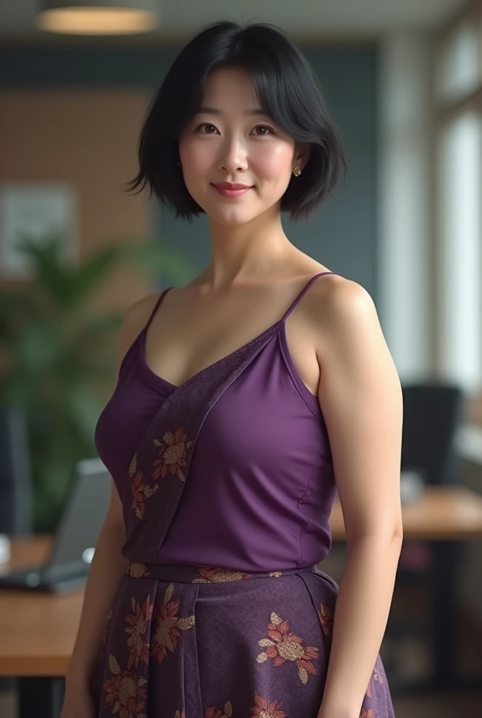 (photorealism:1.2), Asian lady,age 40,short black hair,height about 160cm,chubby body,fair skin,indoor office,standing up,wearing Burmese traditional clothing top,camisole,body fit,purple color.