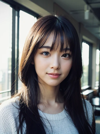   “18-year-old female with an Arabian vibe、A realistic and detailed portrait of Chiho。She has long black hair with bangs、Wear natural make-up、Wearing a grey cut-and-sew top。This scene was shot inside a commercial building with a realistic glass wall and bright natural light.。The light hits her face and hair softly.、It creates an intimate and warm atmosphere。Her face is a shy smile、Her slightly slanted and puffy eyes give her face a unique charm.。overall、It highlights her beautiful face and elegant aura.。Portrait、Bring out her natural beauty、Attention to detail in the texture of skin and hair、We pursue the realism of real photographs.。”