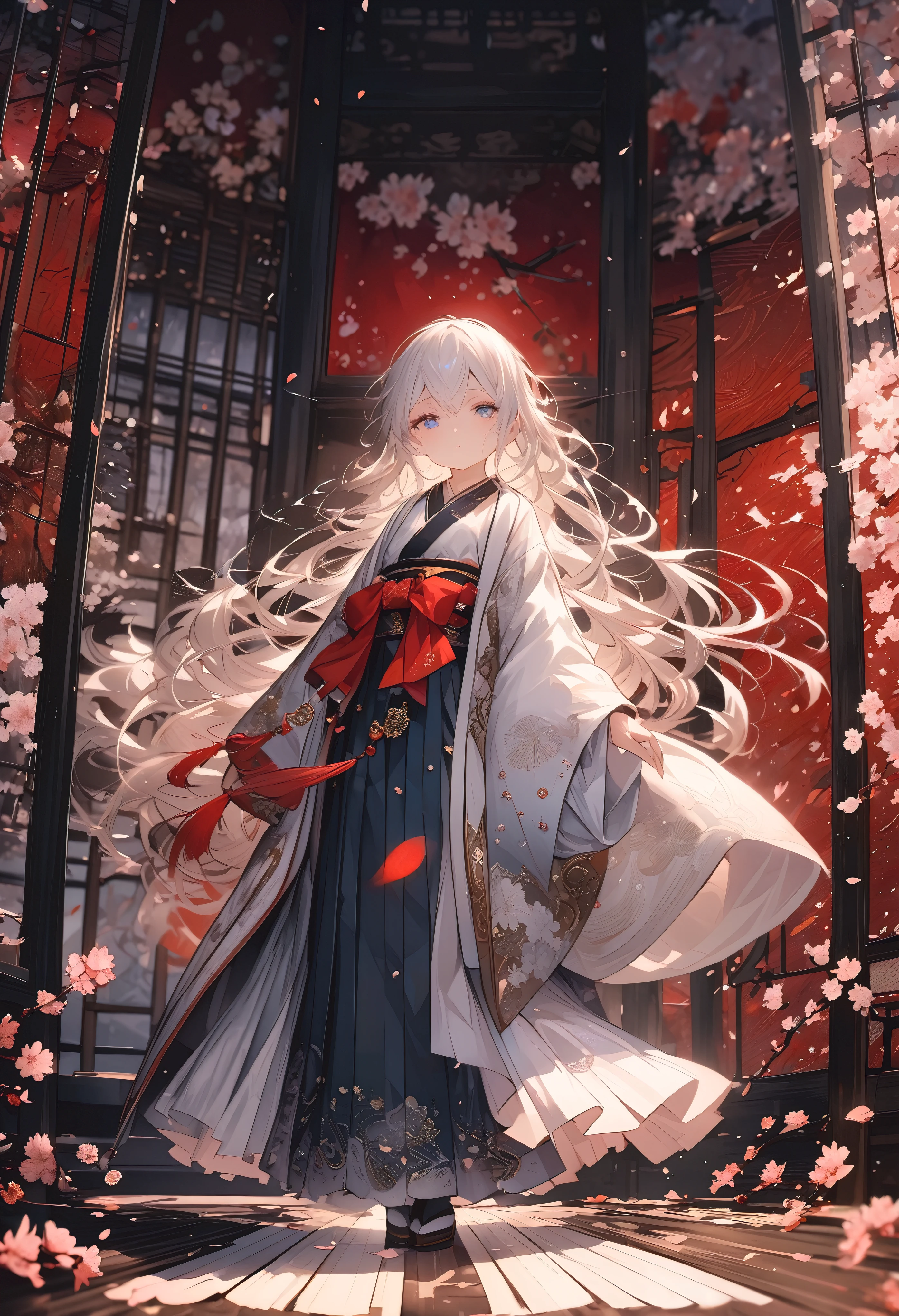 (full body), (solo), (A 7--old l:1.2), (very yo, (Solo), (small breast), (wide angle), raw photo, Aesthetic, Convoluted, Awarded, chiaroscuro, Best Quality, Detailed background, (Misty atmosphere:1.2), (hard rainy day:1.1),((Girl in very long shrine maiden:1.2)), detailxl, In the throes of a tempestuous night, the rain falls in torrents, painting the world in shades of silver and darkness. Amidst the deluge, a young girl appears, a figure of enchantment, her silhouette a stark contrast to the storm's fury. She is adorned in a Japanese shrine maiden costume, a miko-zukuri, that is an opulent display of elegance and tradition.
The miko-zukuri is a vision of grandeur, with the haori, an outer garment, extending its hem to the ground, flowing like a river of pristine white silk. The fabric is of the highest quality, its texture smooth and supple, caressing the contours of her form as she moves with the grace of a willow in the wind. The haori is embroidered with delicate motifs of cherry blossoms and chrysanthemums, symbols of spring and autumn, respectively, their petals intricately stitched with threads that glimmer with the subtlest hint of mother-of-pearl.
The hakama, a traditional skirt, is elongated to match the haori, its hem sweeping the ground with each step, creating a sound akin to rustling leaves. The hakama is a deep, rich crimson, the color of a heart's passion, and it is adorned with a brocade pattern that is a dance of light and shadow, the threads shimmering with a metallic sheen that catches the fleeting flashes of lightning.
Her hair is styled in a traditional manner, with a long, flowing braid that cascades down her back, secured with a white ribbon that is embroidered with delicate cherry blossoms. The ribbon flutters with each movement, a dance of its own, adding to the overall elegance of her appearance.
Around her waist, she wears an obi, a wide sash that is a tapestry of colors and patterns, its design