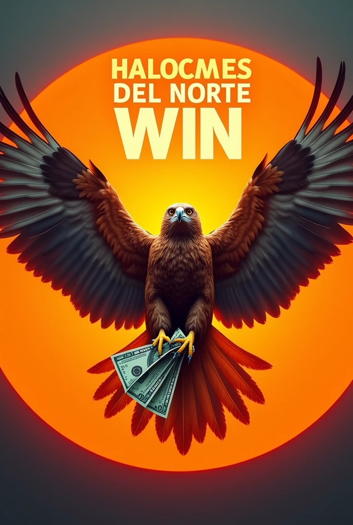 Create a realistic image of a hawk inside a large bright orange circle with open wings clutching a wad of dollars in its claws and on top a black text in Spanish that says HALCONES DEL NORTE WIN
