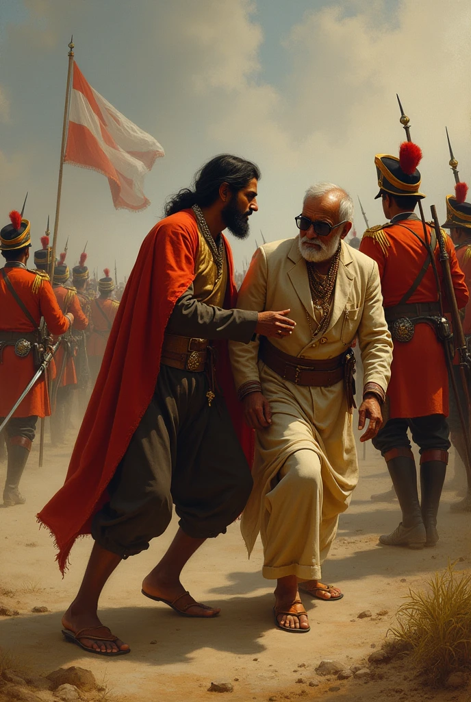 18th century 40 year old Indian man in brown complextion in male gown snoozing the neck of a old muslim offical from behind surrounded by Mysore and British soldiers in red uniform fighting in the background