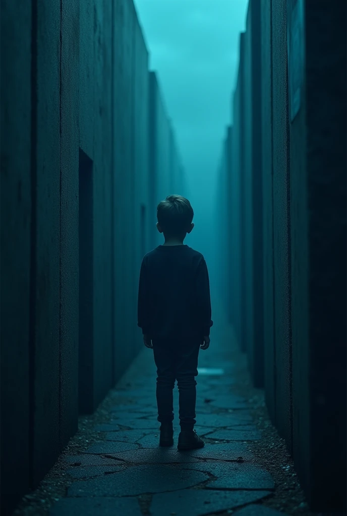 a boy trapped in the maze, kind of sad bluish color