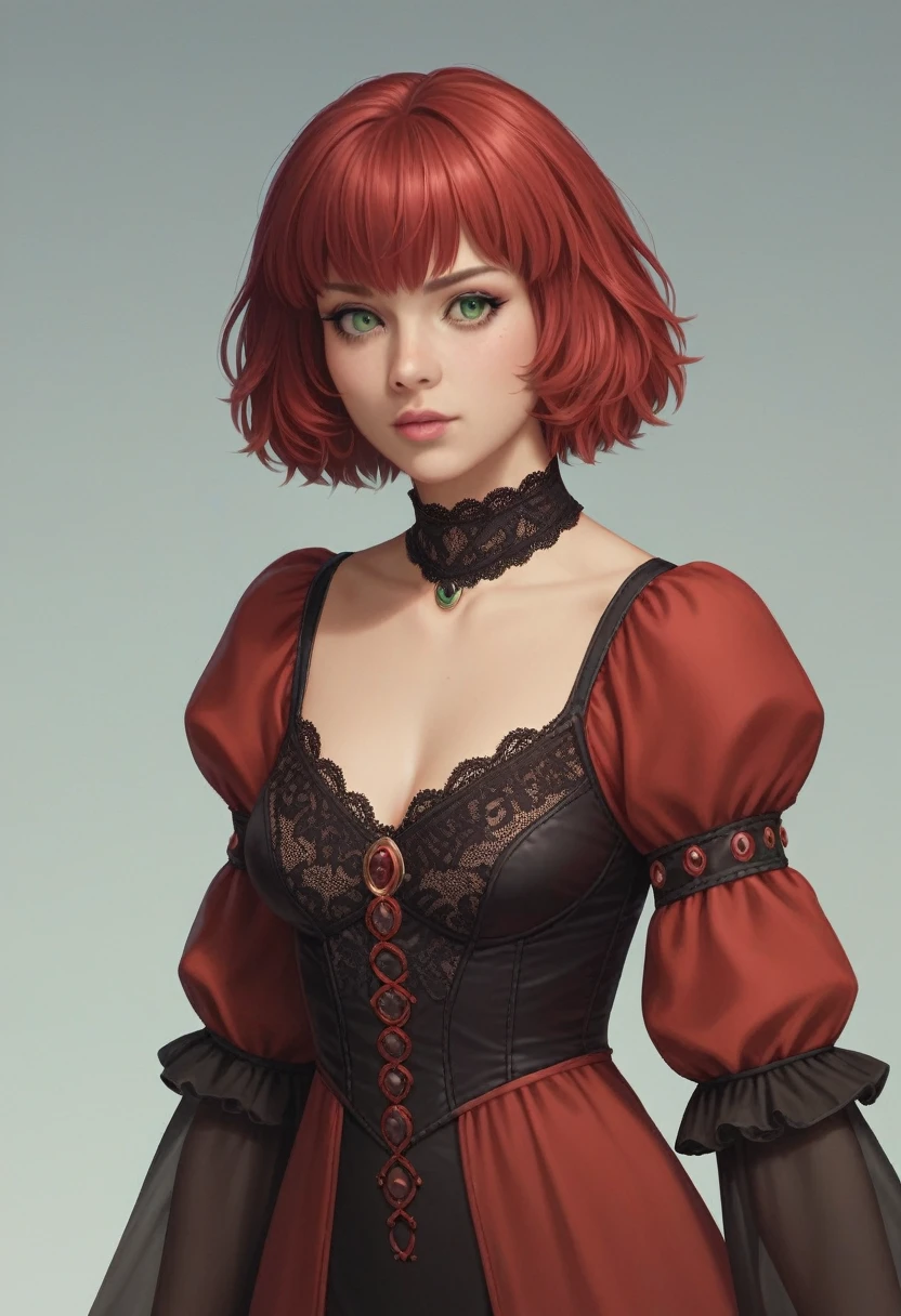 ffxi, lilisette, short red hair, green eyes, black lace, frilly red sleeves, dancer's bangles, fan dance, more real, realism