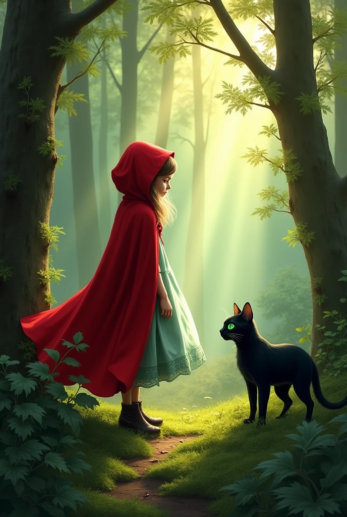 Little Red Riding Hood in the forest finds a black cat with green eyes in a bush