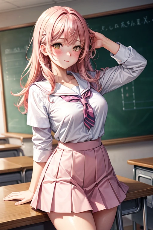 ((Best Quality)), ((masterpiece)), (detailed), perfect face, JK, school girl, , classroom, blush, yellow eyes, pink hair, White shirt, Skirt, mama