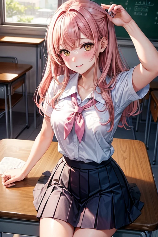 ((Best Quality)), ((masterpiece)), (detailed), perfect face, JK, school girl, , classroom, blush, yellow eyes, pink hair, White shirt, Skirt, mama