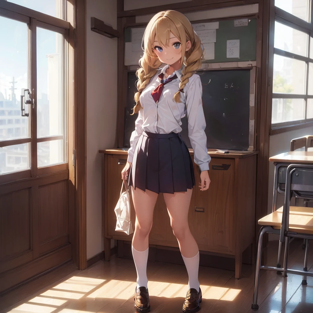 (32k, RAW Photo, Top Quality, Refined Details, Masterpiece: 1.2), (High Resolution 8k Wallpaper), Sharp Focus, Professional Lighting, Depth of Field, Cinematic Lighting, Background Blur, BREAK (1girl:1.4), cute face, blonde, curly hair, braids, slender line, slim body, (seductive smile: 1.4), (school uniform:1.4), golden ratio, (small breasts: 1.4), (Full body shot:1.4)