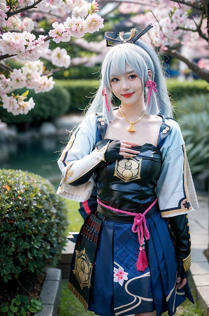 best quality, masterpiece, photorealistic, 1girl, solo, standing, cowboy shot, looking at viewer, smile, closed mouth, bangs, kamisato cosplay costume, cosplay, light blue hair, long hair, ponytail, hair ornament, ribbon, hair ribbon, japanese clothes, armored dress, japanese armor, arm guards, fingerless gloves, tress ribbon, tassel, japanese garden, cherry blossoms, tree, 