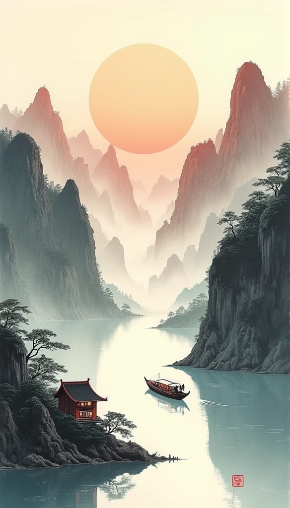 Chinese landscape painting,ink and watercolor painting,water ink,ink,Soil,Vision,Ultra-wide viewing angle,meticulous,There is a light boat in the distance,house,Vision,meticulous,Soil,Low saturation,Low contrast,The boat has passed thousands of mountains,Beautifully depicted,detailed,Acura,masterpiece,masterpiece