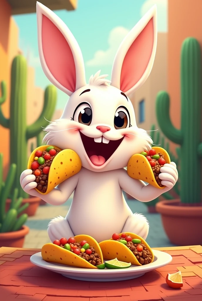 An animated bunny eating tacos