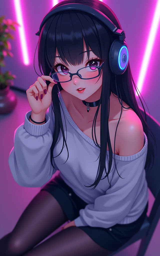 whole body, entire body, full body, total body, upright stance, erect posture, athletic shoes, waist, 20-years-old beautiful office working female, (black rim glasses), (white headphones), black hair, date clothes, Correct outfit for early summer, colorful costumes, intellectual atmosphere, knowledge, scholarship, enthusiasm, front of whole body, immersion, concentration, sense of accomplishment, cinematic lighting, masterpiece, top quality, 4K, academic atmosphere, (masterpiece), (best quality), ultra-high res, sharp focus, high definition eyes, anime style