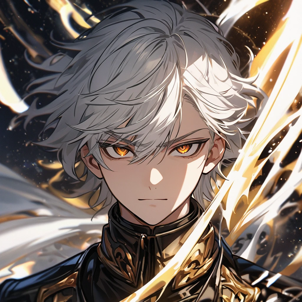 High quality, HD, 4k, no shadows, handsome male, 1male, , teenager, shwhite hair, silver hair, white hair, sharp eyes, dark golden colored eyes, deep golden eyes, dark gold eyes, gold eyes, devil may cry, close up, calm expression, stoic expression, black leather clothes, white leather clothing, lean body, well trained body, looking at viewer, cowboy shot, white solar, space background
