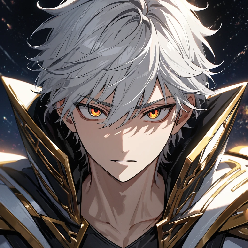 High quality, HD, 4k, no shadows, handsome male, 1male, 17 years old, teenager, short white hair, silver hair, white hair, sharp eyes, dark golden colored eyes, deep golden eyes, dark gold eyes, gold eyes, devil may cry, close up, calm expression, stoic expression, black leather clothes, white leather clothing, lean body, well trained body, looking at viewer, cowboy shot, white solar, space background