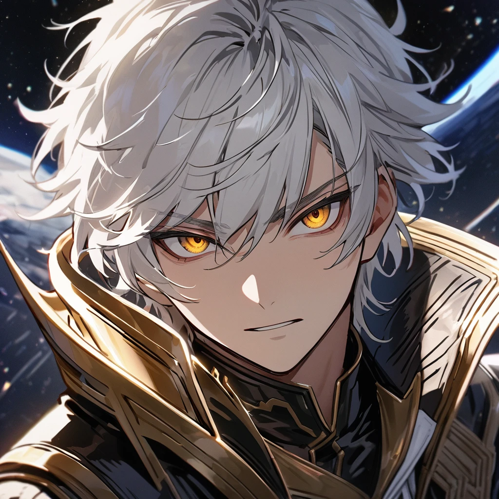 High quality, HD, 4k, no shadows, handsome male, 1male, s old, teenager, short white hair, silver hair, white hair, sharp eyes, dark golden colored eyes, deep golden eyes, dark gold eyes, gold eyes, devil may cry, close up, calm expression, stoic expression, black leather clothes, white leather clothing, lean body, well trained body, looking at viewer, cowboy shot, white solar, space background
