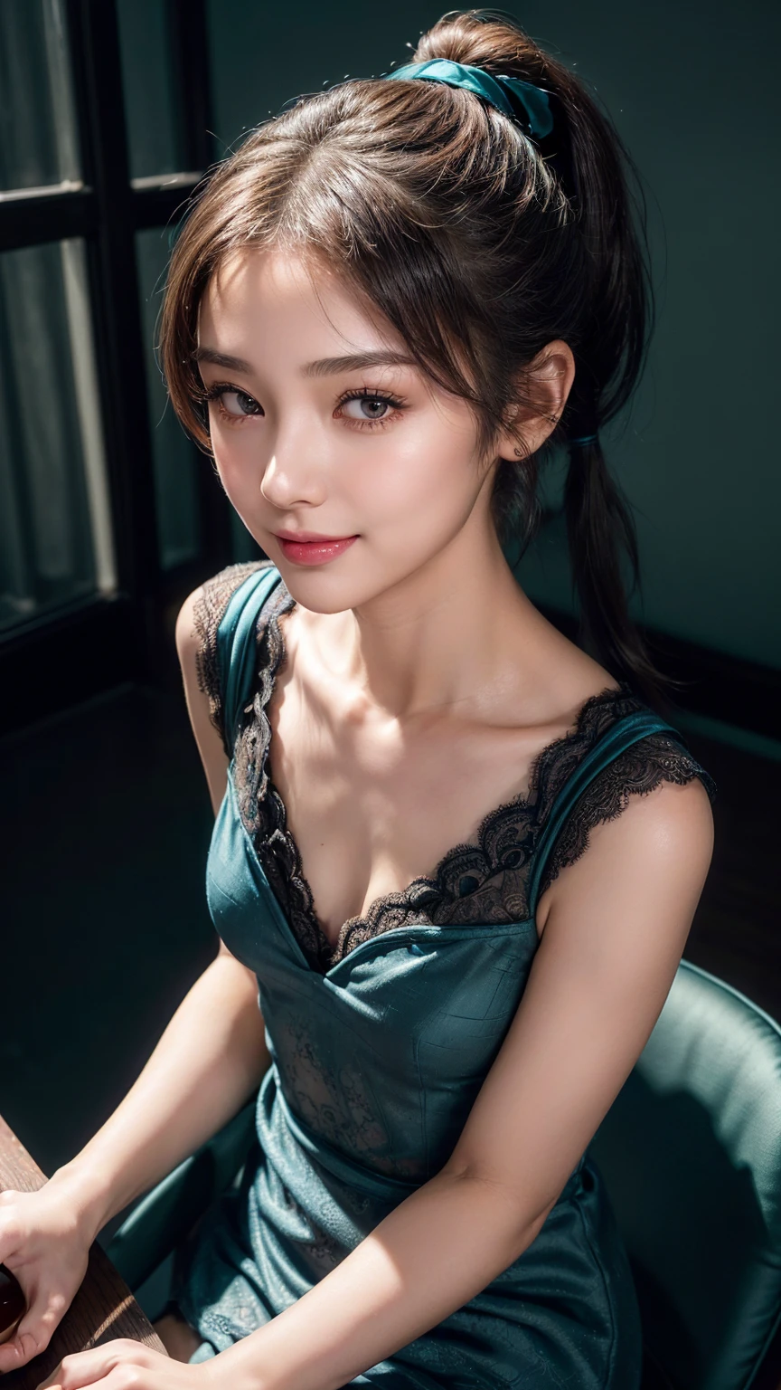 fashion model 20 years old, brown eyes, perfect iris,perfect lips,perfect teeth,Perfect skin,long face,Soft headlight,high dynamic range,movie girl,short brown hair,smooth skin and a large chest, but her appearance should remain tasteful,Ethnic costumes, satin backgroun, pastel colors:1.2)