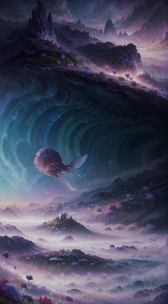 fresh flowers, magical fairy background, Magical background, Fantasy background, fairy tale style background, bubbly scenery, Ethereal background, mythical floral hills, in a surreal dream landscape, stuning fantasy 3 d render, lost in a dreamy fairy landscape, Surreal background, surreal dreamscape, surreal dream landscape, floral environment,purpleish color