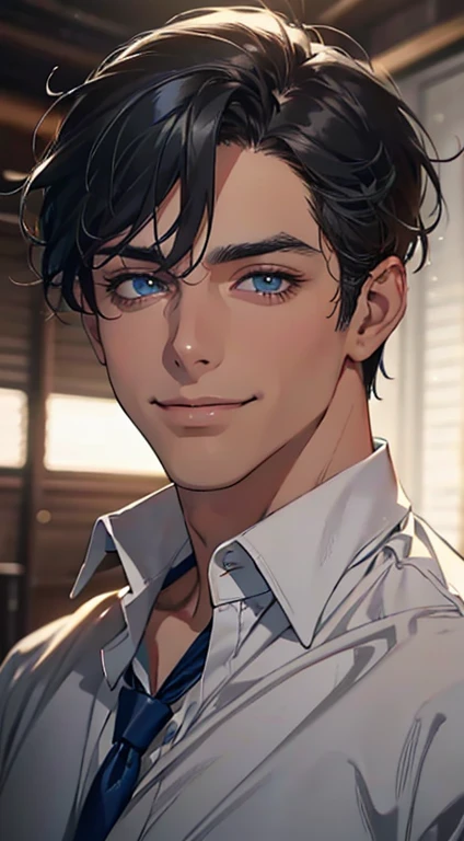 a mature man with short grey Black hair, blue eyes, 31 years, and a perfect face, smiling in love, CEO, cinematic lighting, 1:4 HDR image, top view, ultra detailed, best quality, masterpiece, 8K, photorealistic, beautiful image