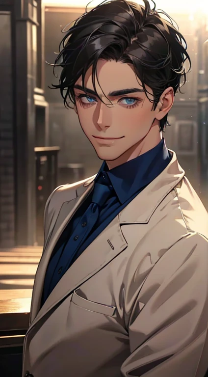 a mature man with short grey Black hair, blue eyes, 31 years, and a perfect face, smiling in love, CEO, cinematic lighting, 1:4 HDR image, top view, ultra detailed, best quality, masterpiece, 8K, photorealistic, beautiful image